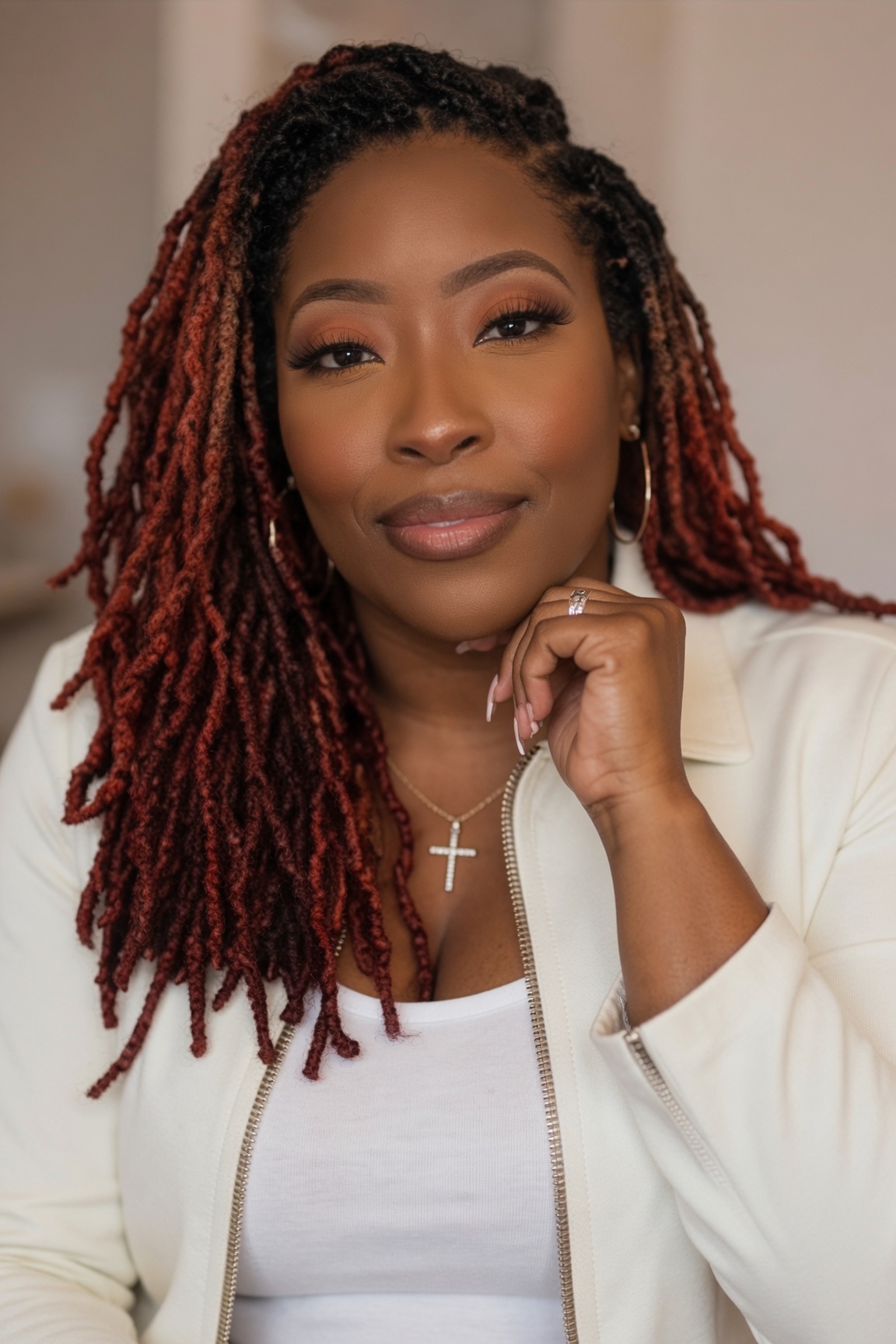R. Nicole, founder of stillHER, in a cream jacket
